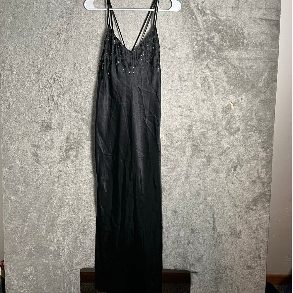 Vintage‎ Y2K Black Beaded Slip Dress Evening Grunge Goth Glam Size Small
